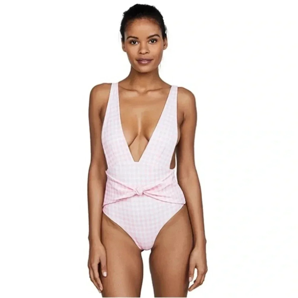 SKYE & STAGHORN NWT Gingham Pink Checkered Plunge One Piece Bathing Swim Suit